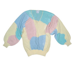 NWOT 80's Vintage Pastel Sweater with Beading Size M Yellow Blue Pink Green